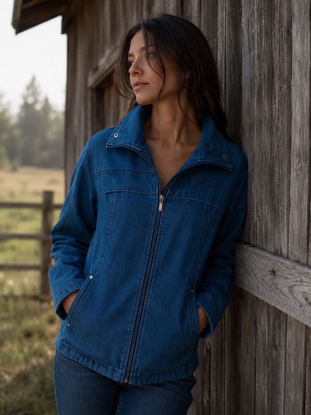 Vintage 1990’s Studio Works Blue Denim Coat Jacket Zipper Size Medium